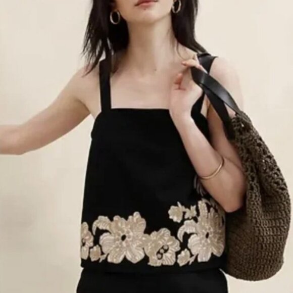 Banana Republic Tops - Banana Republic Black Crop Tank Top with Embroidered Flowers, 100% Cotton, Sz L